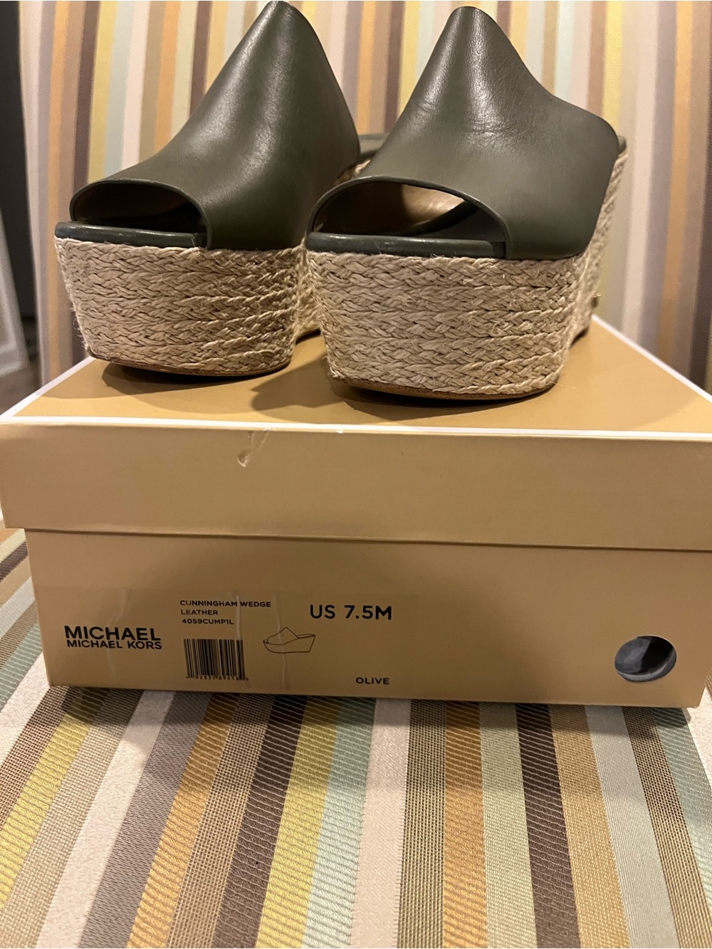 MICHAEL Michael Kors Olive Leather Espadrille Wedge Slides